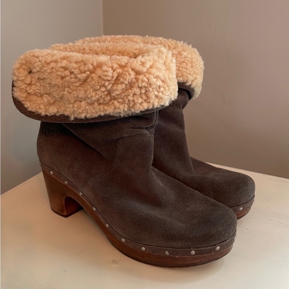 UGG Lynnea Gray Suede Platform Boot Clogs Size 8